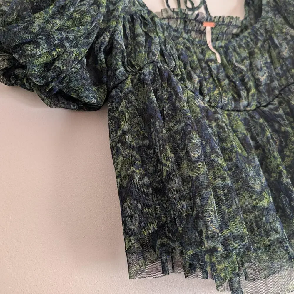 Free People Green Abstract Floral Mesh Puff Sleeve Smocked Babydoll Top S